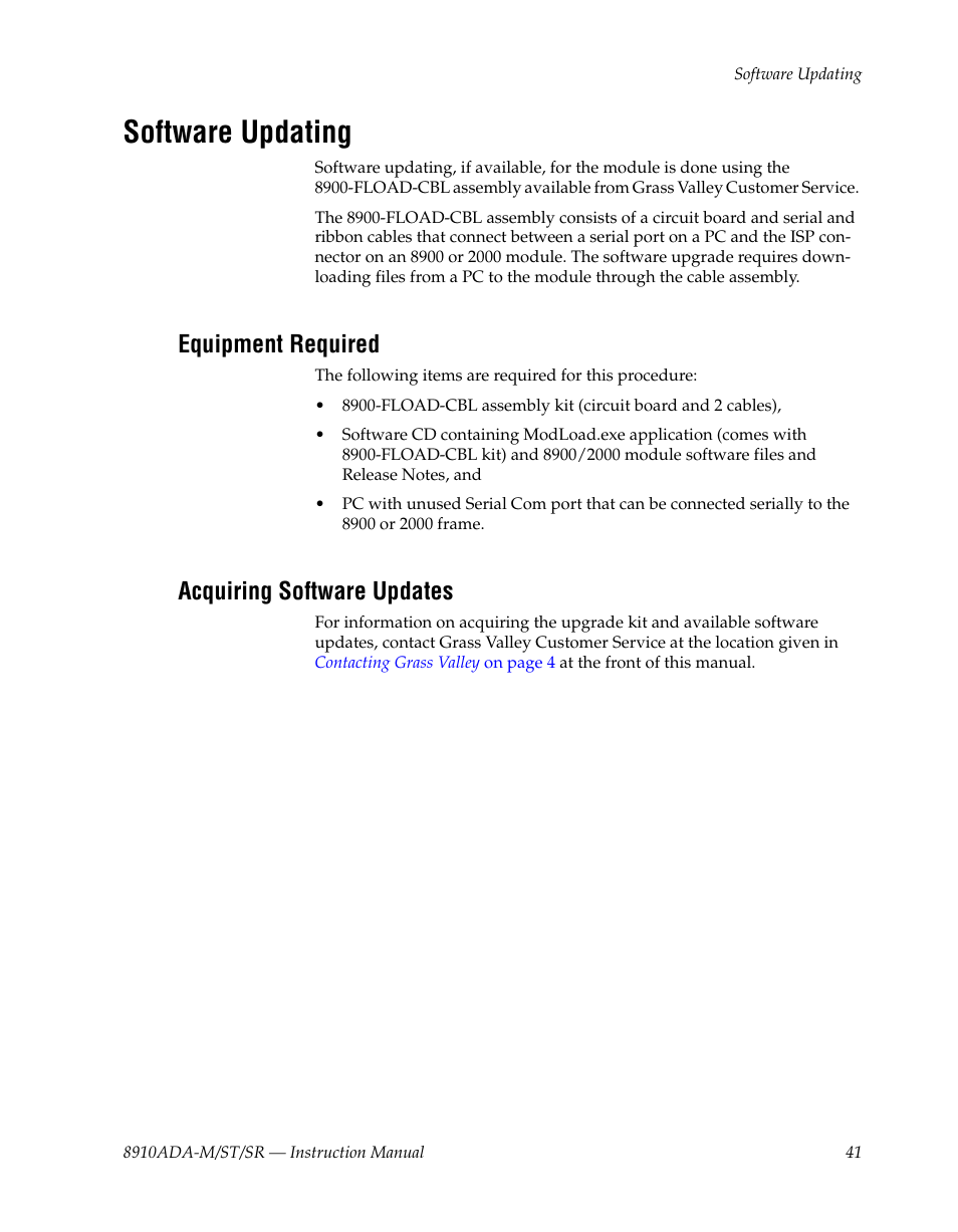 Software updating, Equipment required, Acquiring software updates | Grass Valley 8910ADA-M User Manual | Page 41 / 58