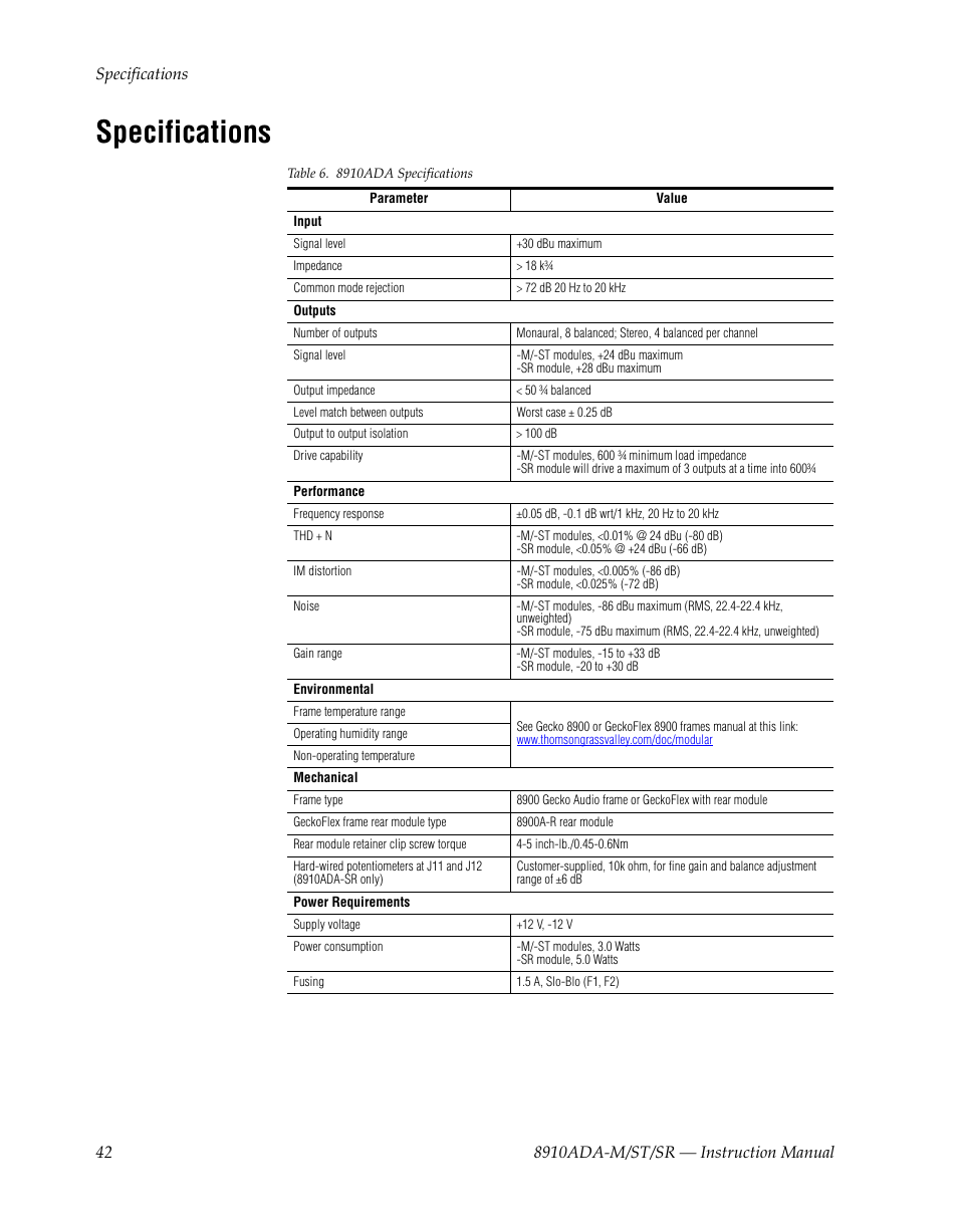 Specifications | Grass Valley 8910ADA-M User Manual | Page 42 / 58