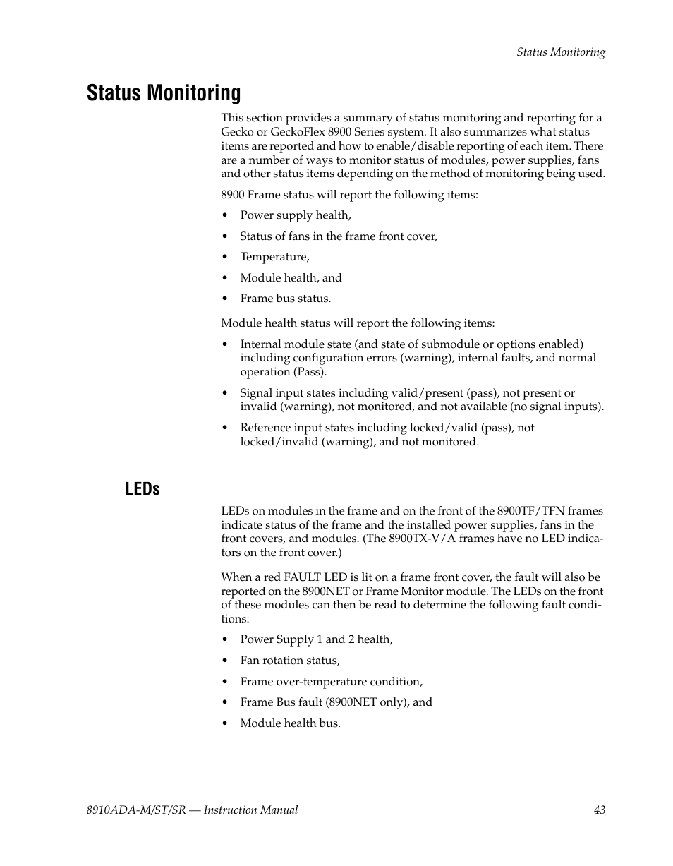 Status monitoring, Leds | Grass Valley 8910ADA-M User Manual | Page 43 / 58