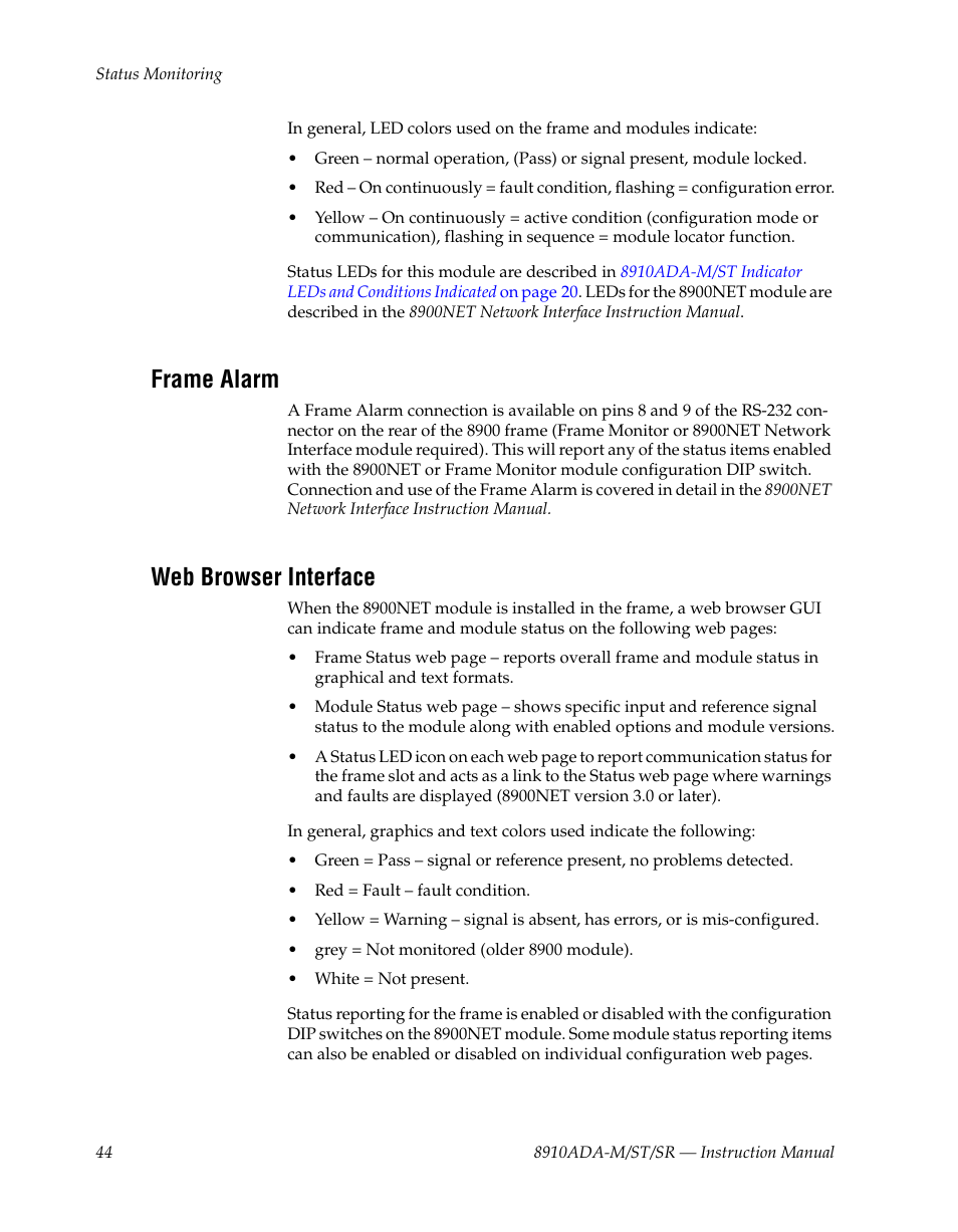 Frame alarm, Web browser interface | Grass Valley 8910ADA-M User Manual | Page 44 / 58