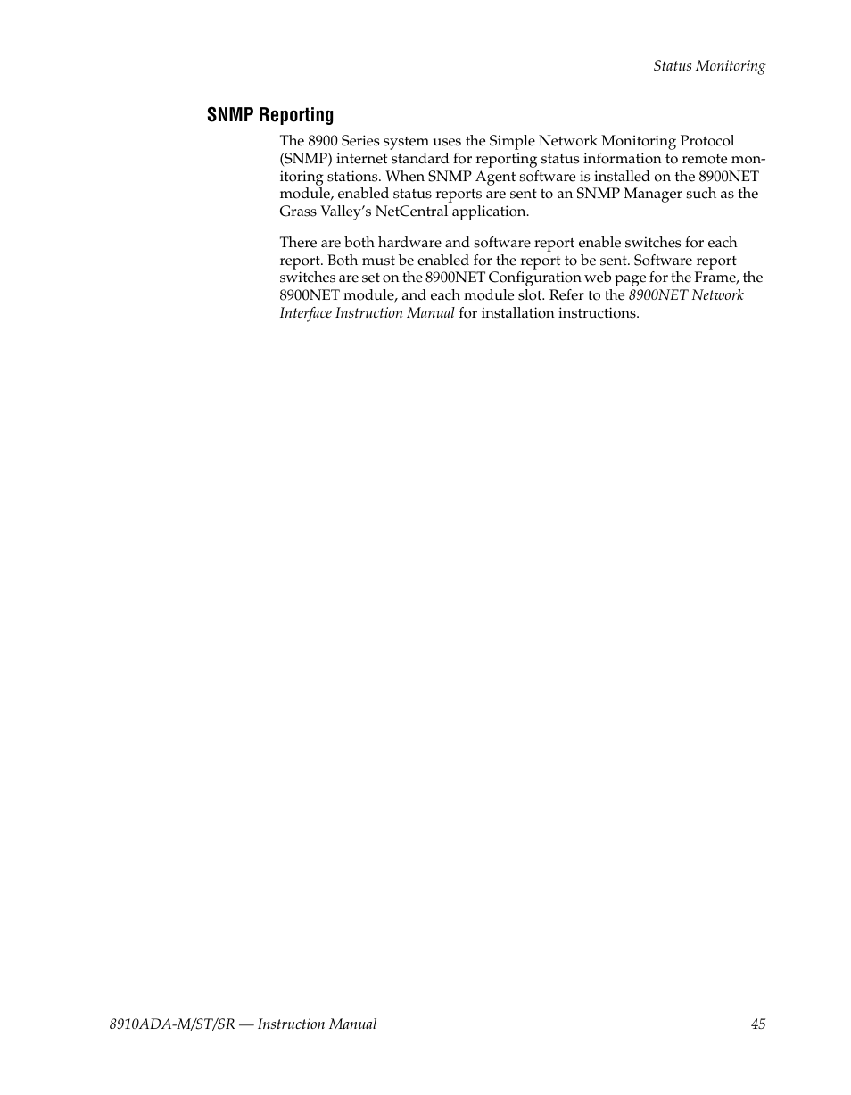 Snmp reporting | Grass Valley 8910ADA-M User Manual | Page 45 / 58