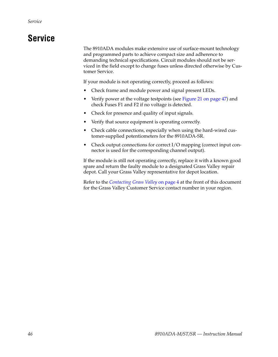 Service | Grass Valley 8910ADA-M User Manual | Page 46 / 58