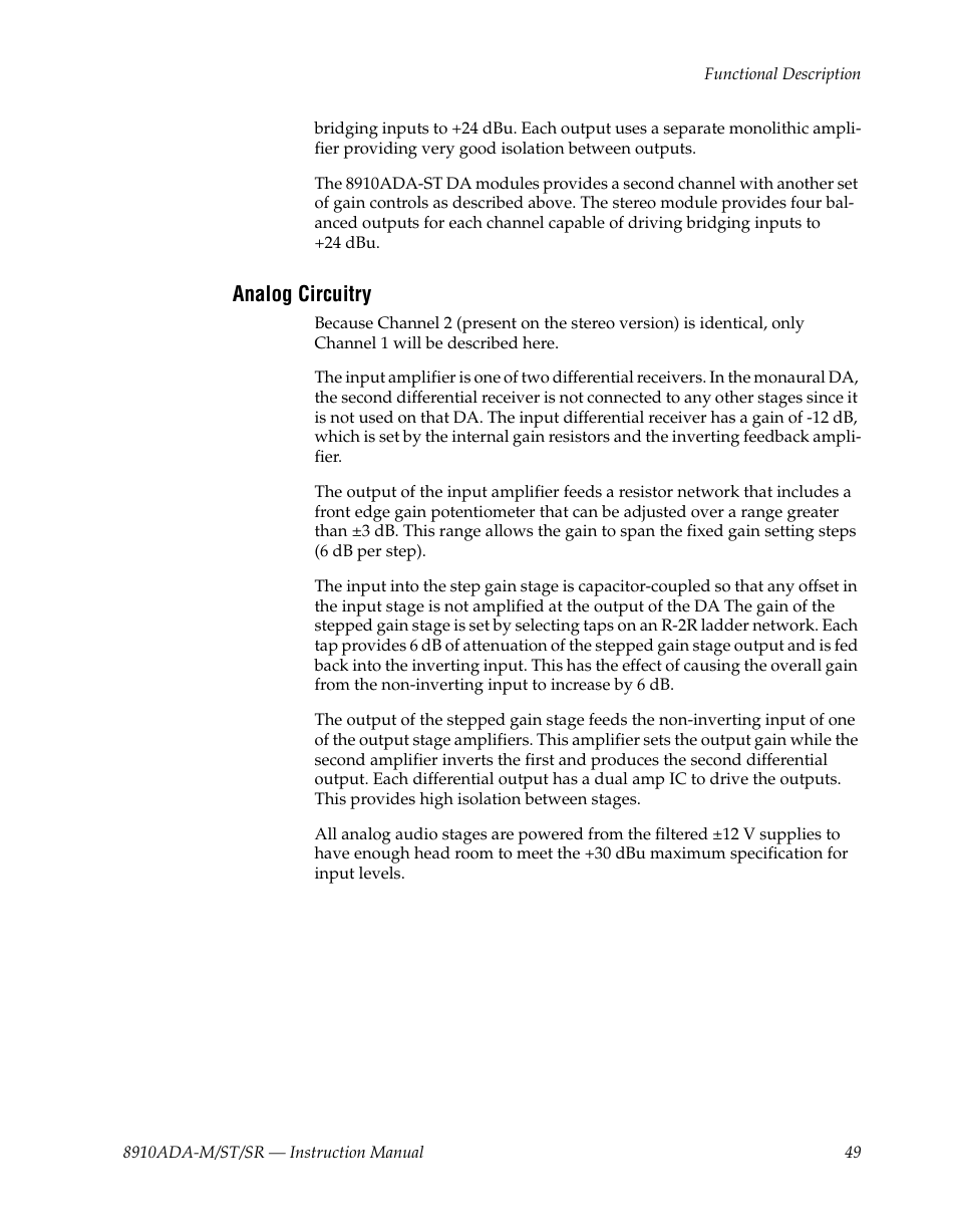 Analog circuitry | Grass Valley 8910ADA-M User Manual | Page 49 / 58