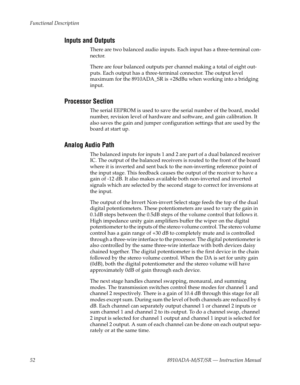 Inputs and outputs, Processor section, Analog audio path | Grass Valley 8910ADA-M User Manual | Page 52 / 58