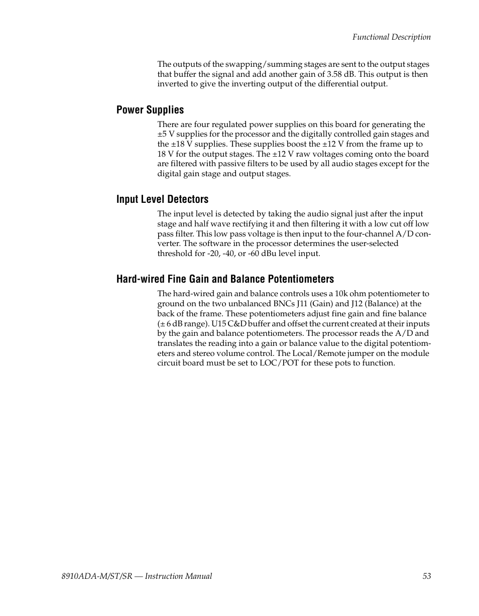Power supplies, Input level detectors, Hard-wired fine gain and balance potentiometers | Grass Valley 8910ADA-M User Manual | Page 53 / 58