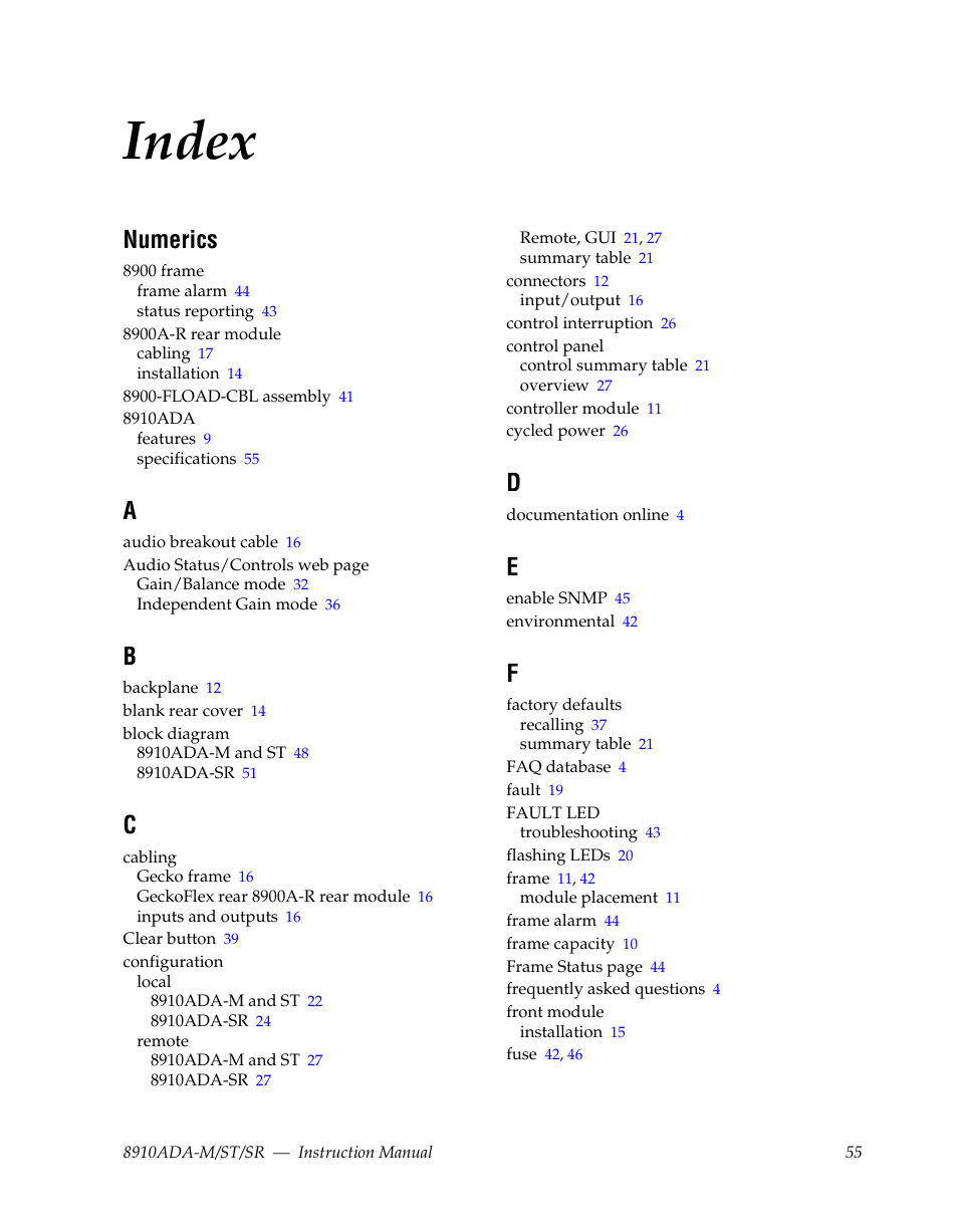 Index, Numerics | Grass Valley 8910ADA-M User Manual | Page 55 / 58