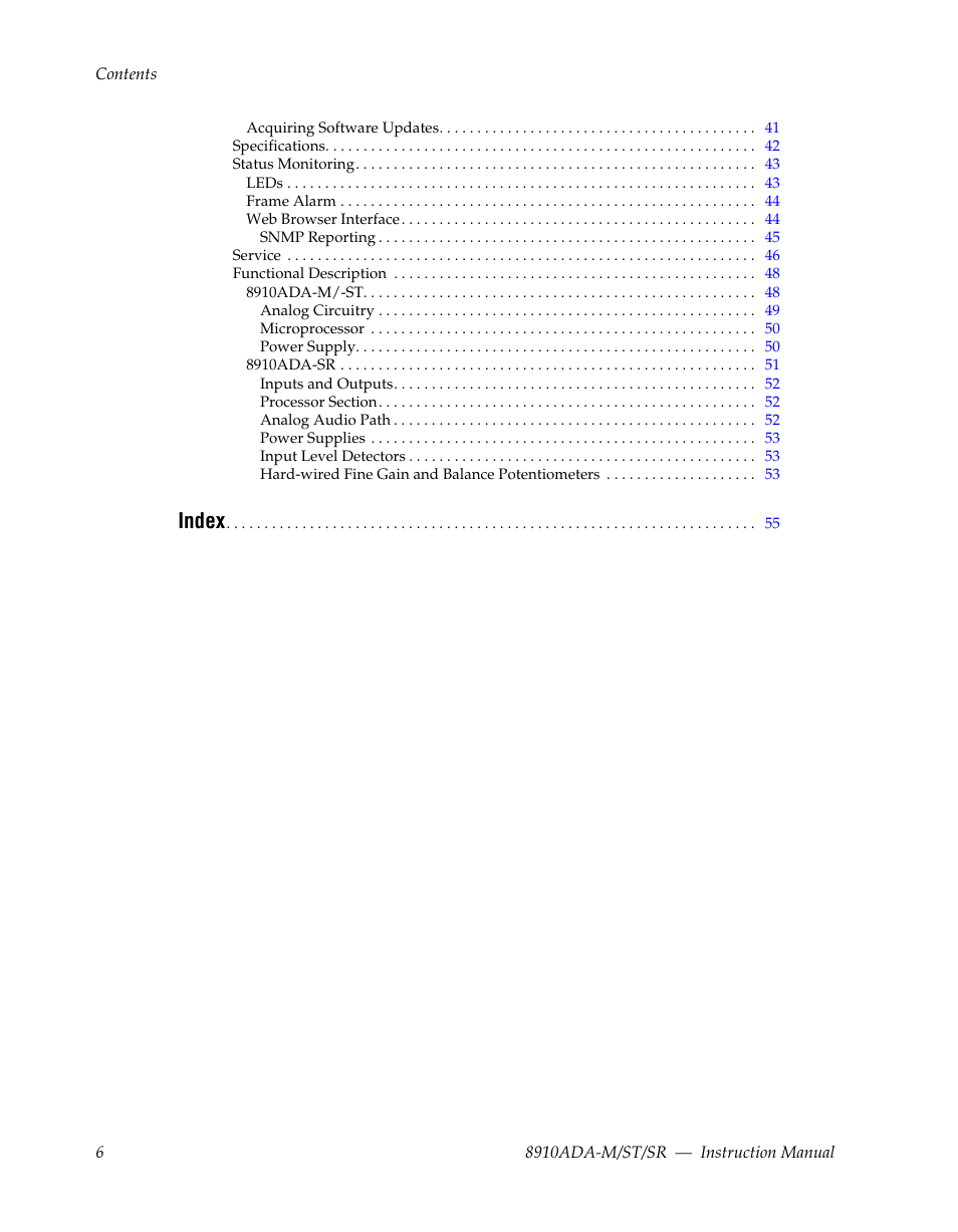 Index | Grass Valley 8910ADA-M User Manual | Page 6 / 58