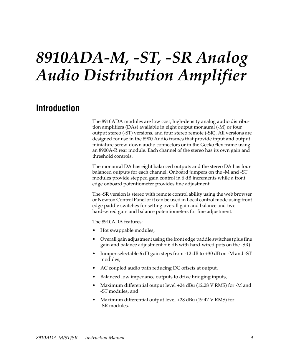 Introduction | Grass Valley 8910ADA-M User Manual | Page 9 / 58