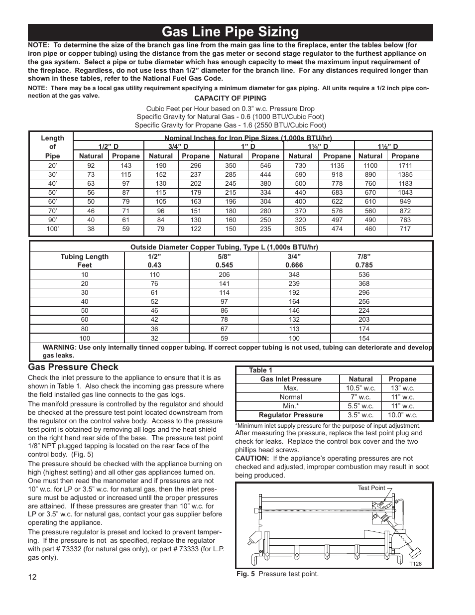 Gas line pipe sizing, Gas pressure check | CFM UVHK31MP User Manual | Page 12 / 20