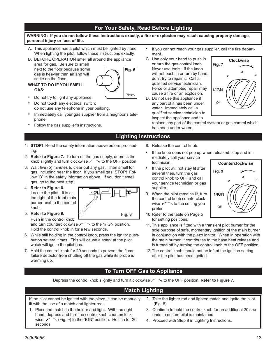 For your safety, read before lighting, Lighting instructions, Match lighting | CFM UVHK31MP User Manual | Page 13 / 20