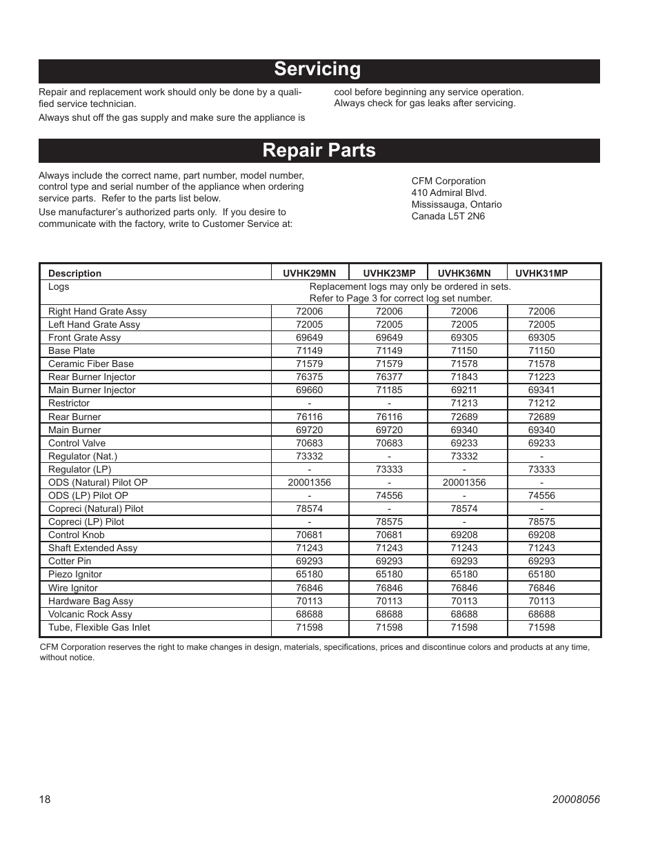 Servicing, Repair parts | CFM UVHK31MP User Manual | Page 18 / 20
