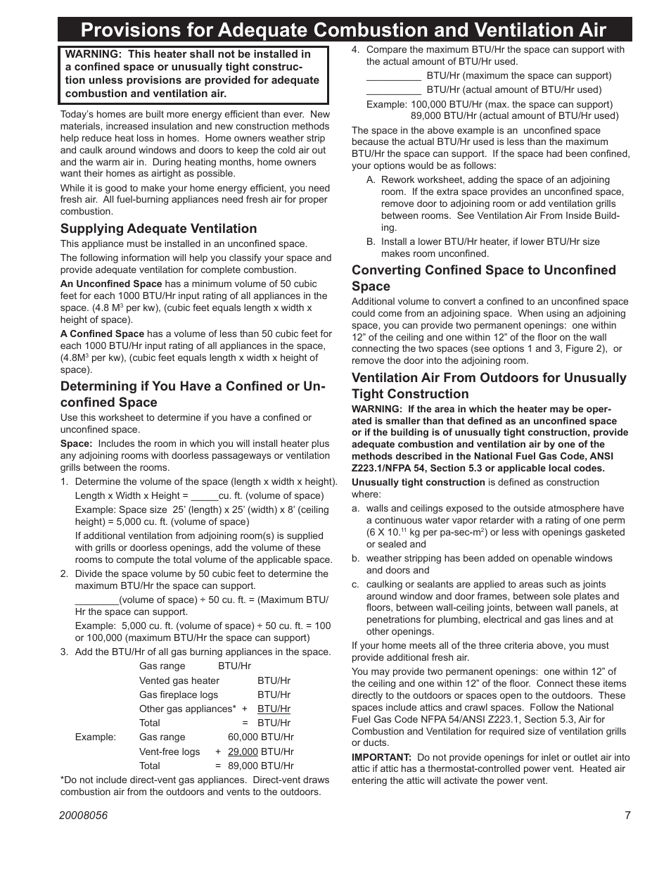 Supplying adequate ventilation, Converting conﬁned space to unconﬁned space | CFM UVHK31MP User Manual | Page 7 / 20