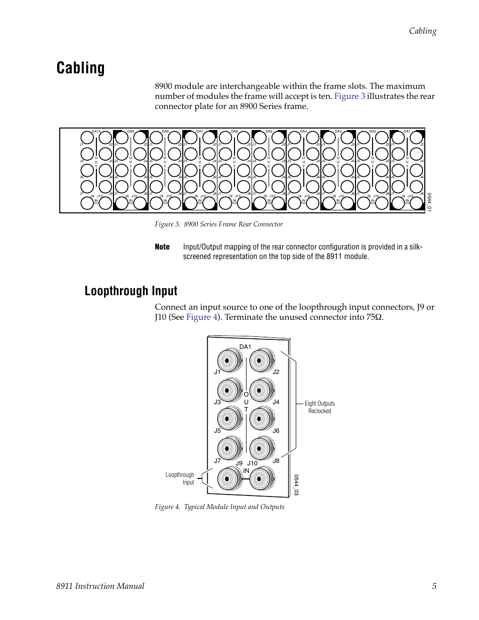 Cabling, Loopthrough input, Figure 4. typical module input and outputs | Grass Valley 8911 User Manual | Page 11 / 16