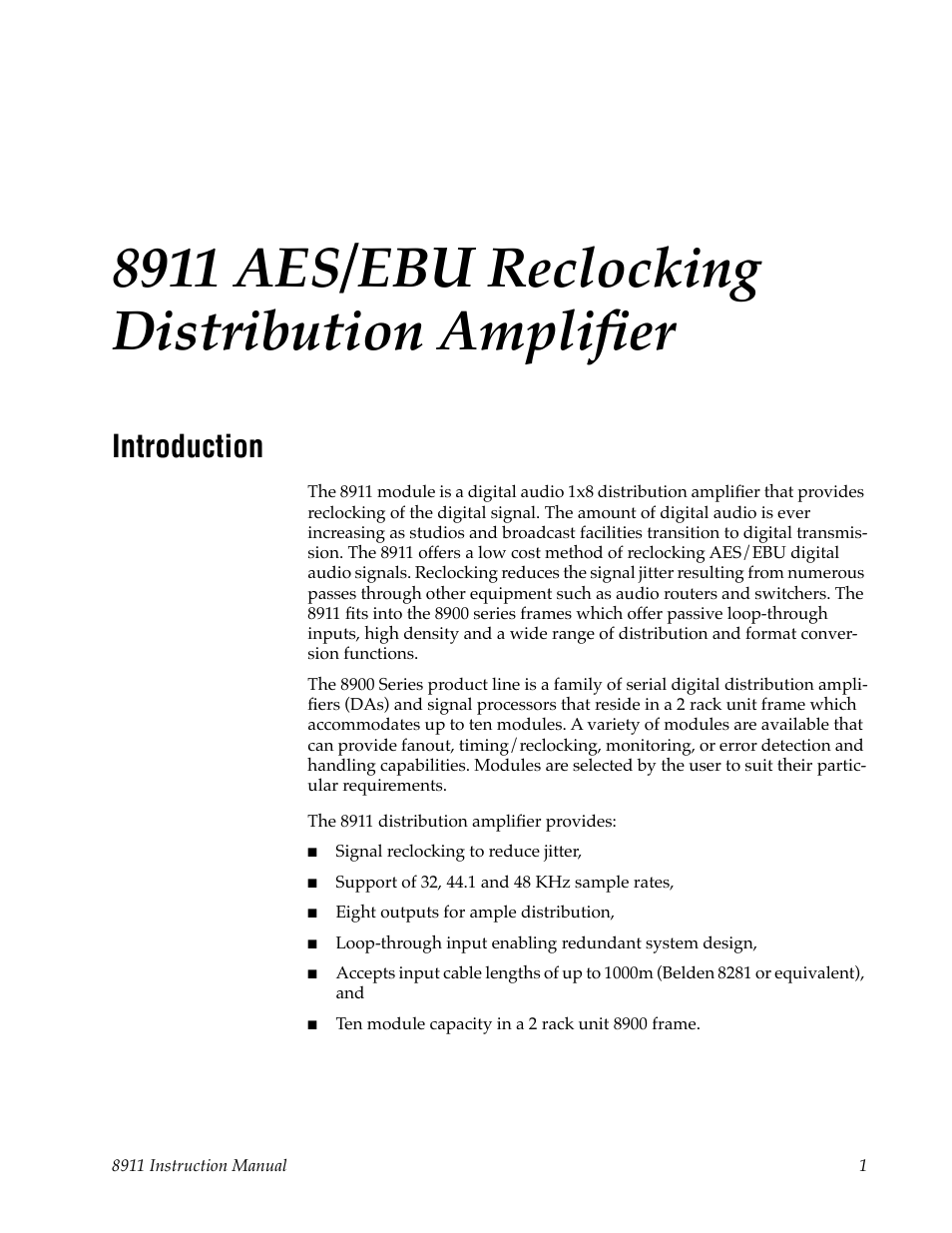 8911 aes/ebu reclocking distribution amplifier, Introduction | Grass Valley 8911 User Manual | Page 7 / 16