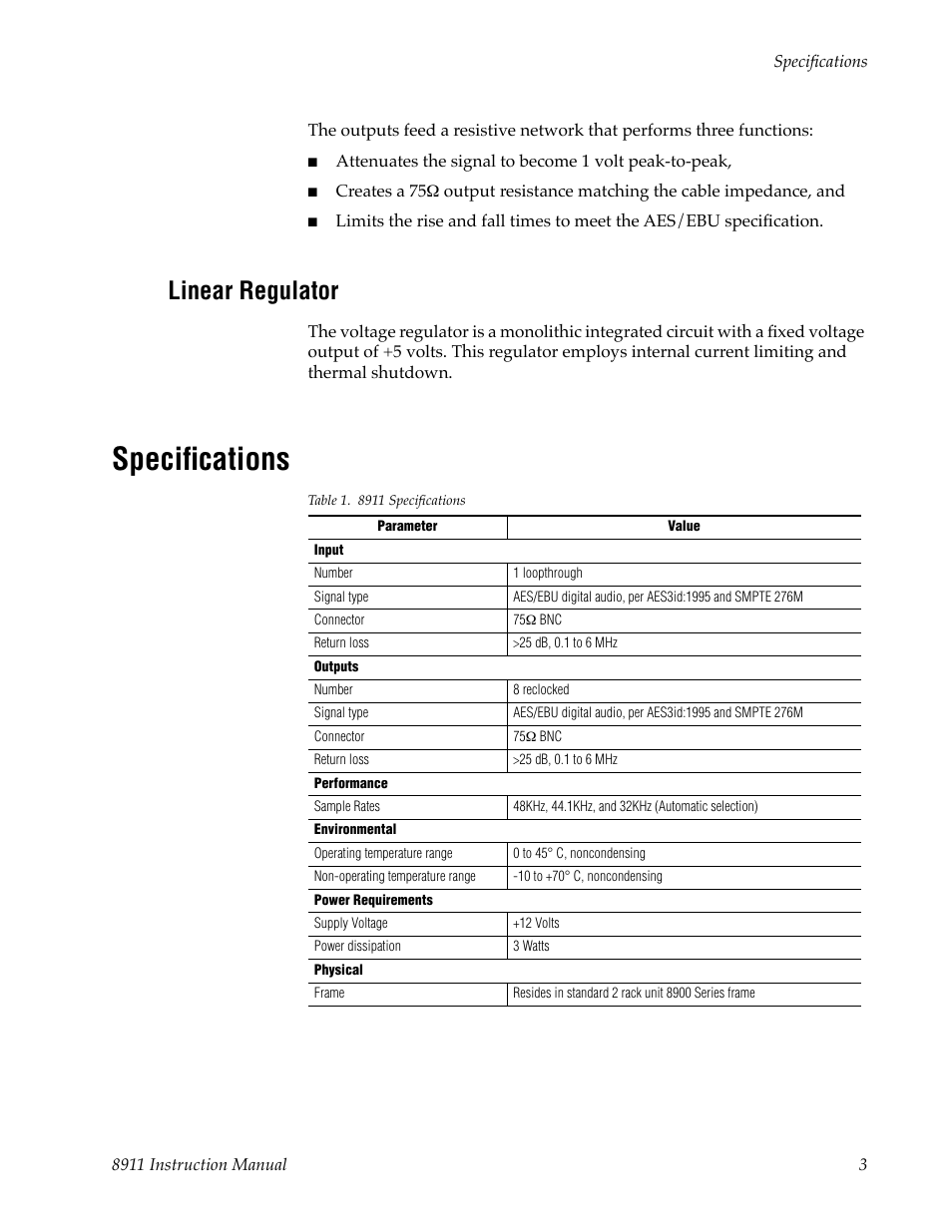 Linear regulator, Specifications | Grass Valley 8911 User Manual | Page 9 / 16