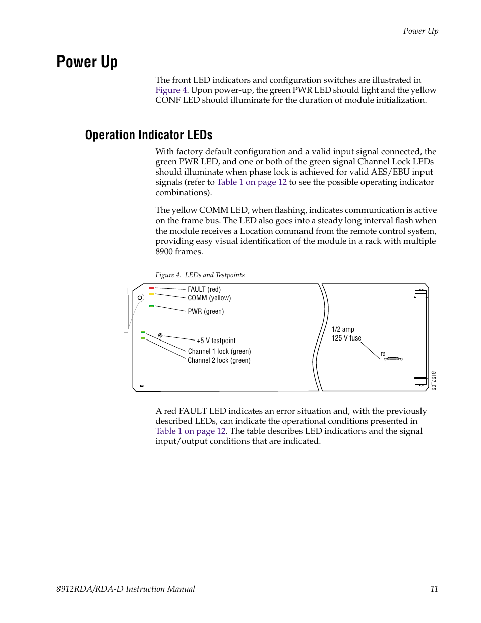 Power up, Operation indicator leds | Grass Valley 8912RDA User Manual | Page 11 / 20