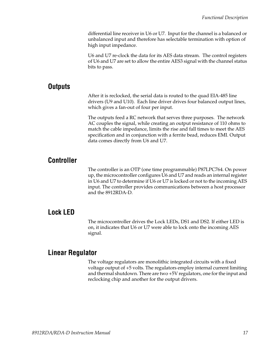 Outputs, Controller, Lock led | Linear regulator | Grass Valley 8912RDA User Manual | Page 17 / 20