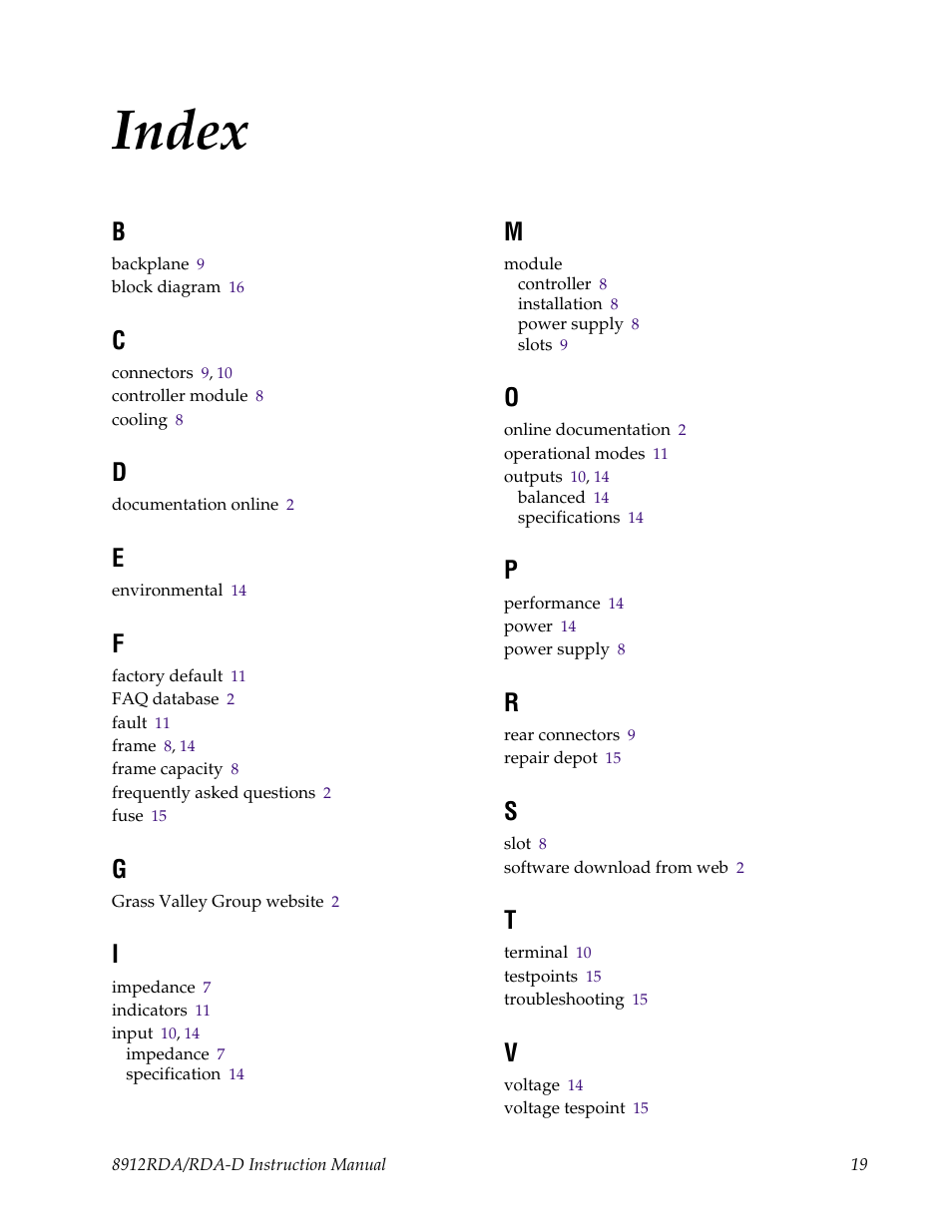 Index | Grass Valley 8912RDA User Manual | Page 19 / 20
