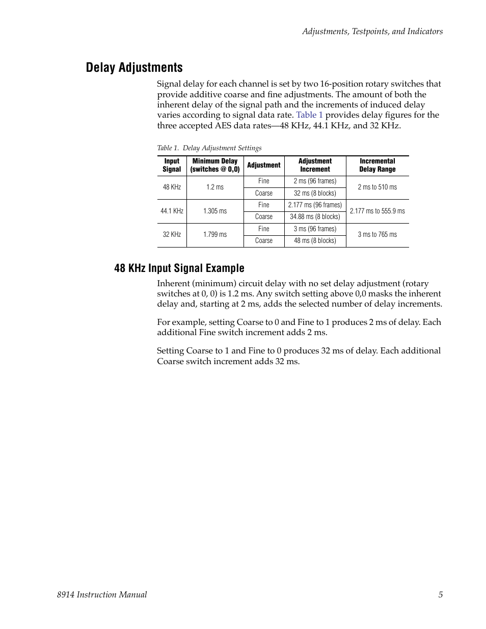 Delay adjustments, 48 khz input signal example | Grass Valley 8914 User Manual | Page 11 / 18