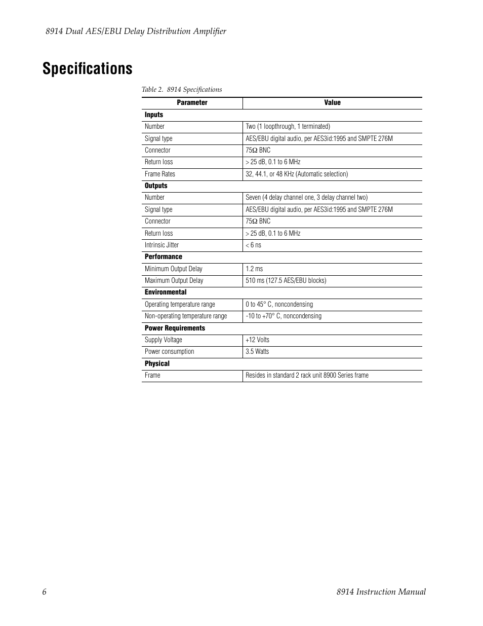 Specifications | Grass Valley 8914 User Manual | Page 12 / 18