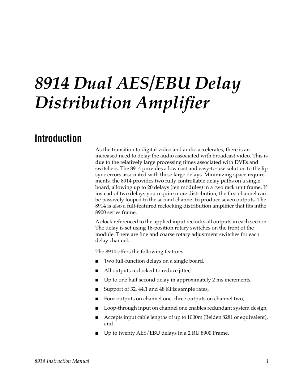 8914 dual aes/ebu delay distribution amplifier, Introduction | Grass Valley 8914 User Manual | Page 7 / 18