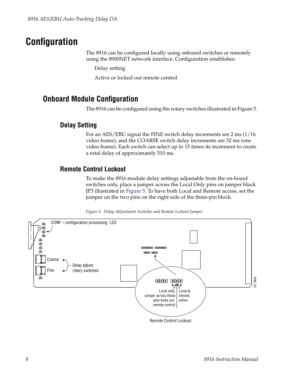 Configuration, Onboard module configuration, Delay setting | Remote control lockout | Grass Valley 8916 User Manual | Page 14 / 26