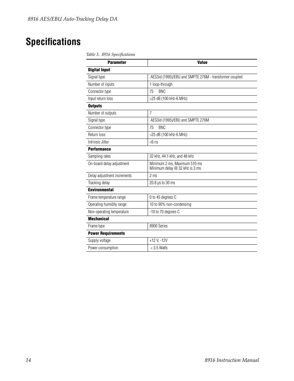 Specifications | Grass Valley 8916 User Manual | Page 20 / 26