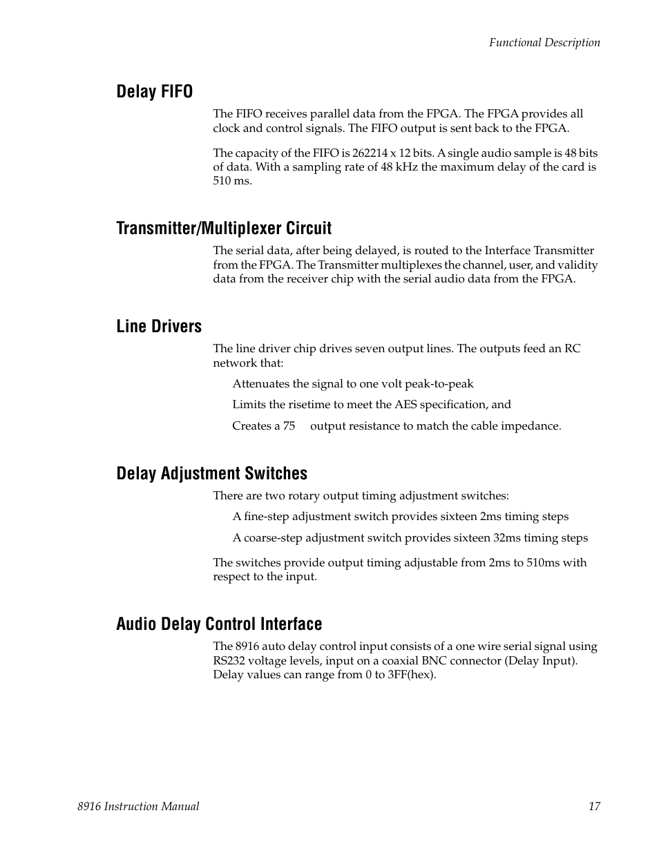 Delay fifo, Transmitter/multiplexer circuit, Line drivers | Delay adjustment switches, Audio delay control interface | Grass Valley 8916 User Manual | Page 23 / 26