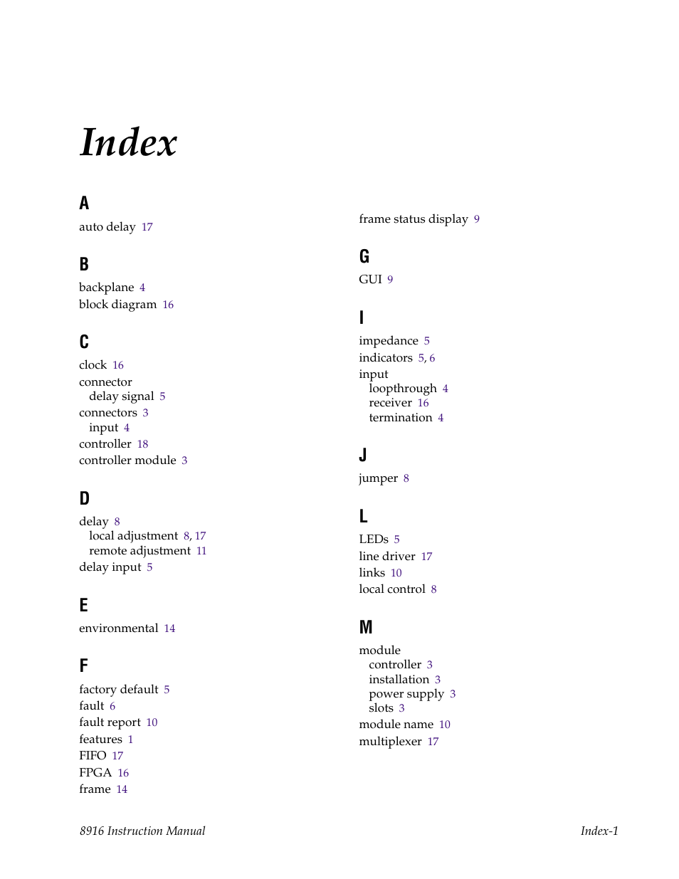 Index | Grass Valley 8916 User Manual | Page 25 / 26