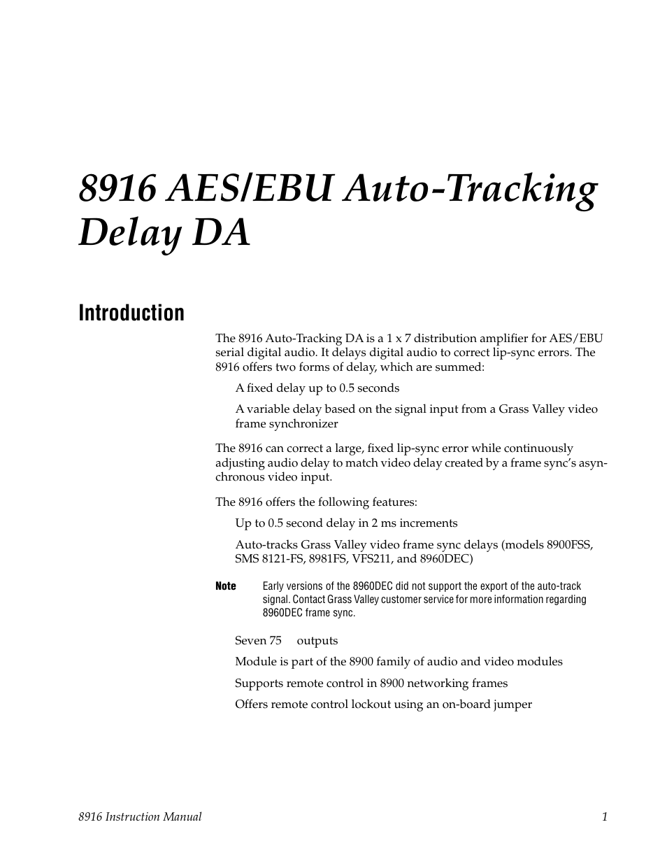 8916 aes/ebu auto-tracking delay da, Introduction | Grass Valley 8916 User Manual | Page 7 / 26