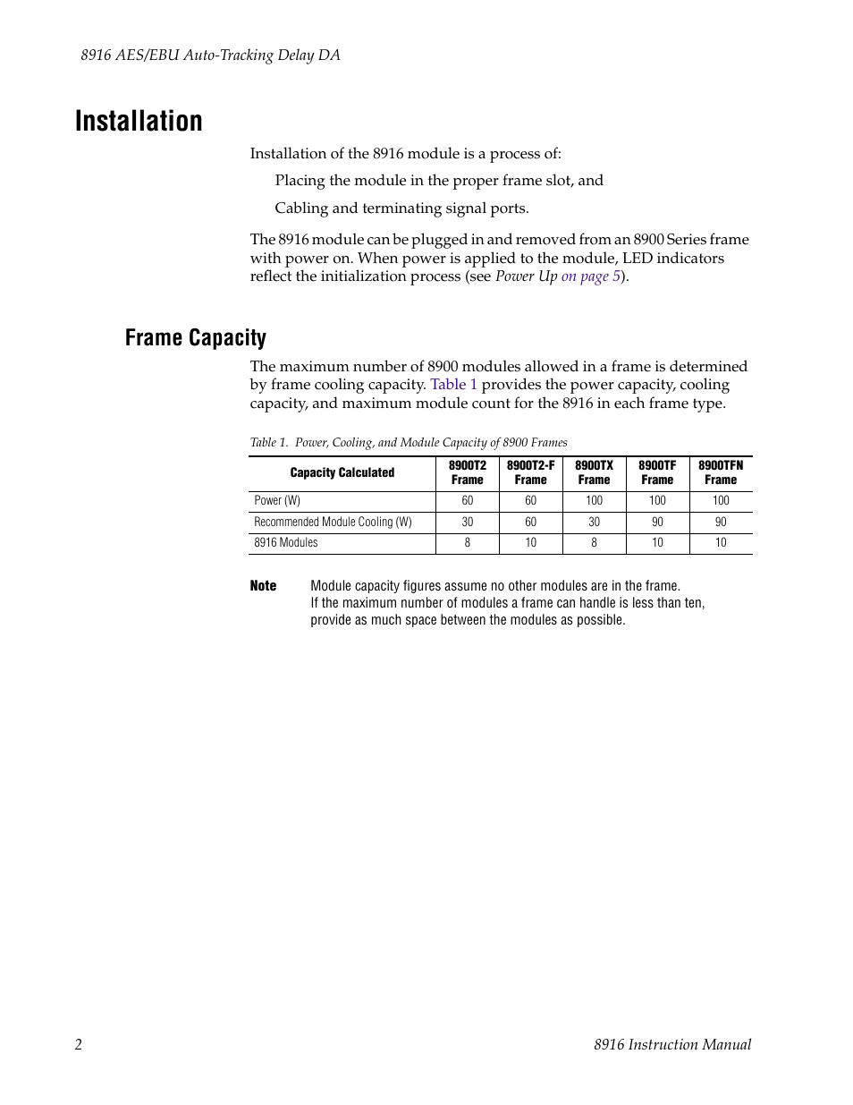Installation, Frame capacity | Grass Valley 8916 User Manual | Page 8 / 26