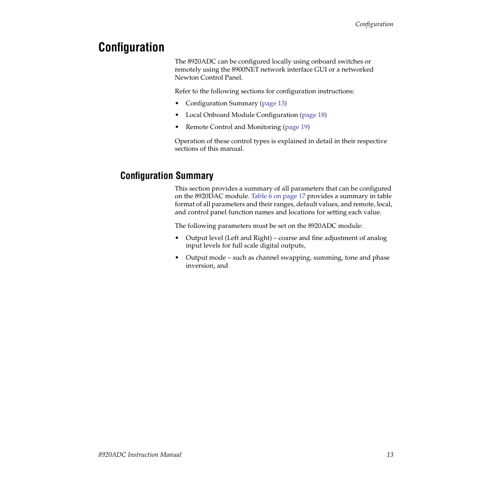 Configuration, Configuration summary | Grass Valley 8920ADC v.2.0.1A User Manual | Page 13 / 40