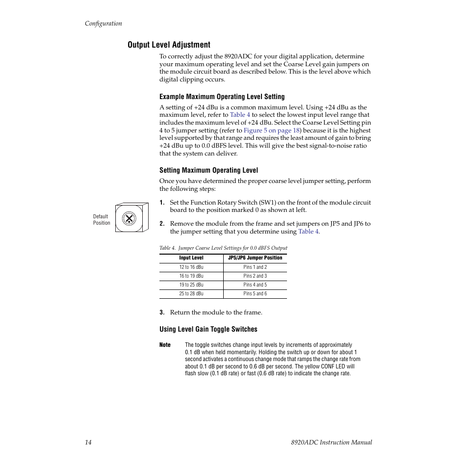 Output level adjustment | Grass Valley 8920ADC v.2.0.1A User Manual | Page 14 / 40