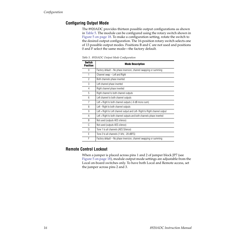 Configuring output mode, Remote control lockout | Grass Valley 8920ADC v.2.0.1A User Manual | Page 16 / 40