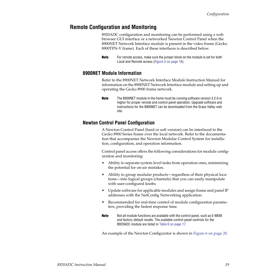 Remote configuration and monitoring, 8900net module information, Newton control panel configuration | Ol and monitoring | Grass Valley 8920ADC v.2.0.1A User Manual | Page 19 / 40