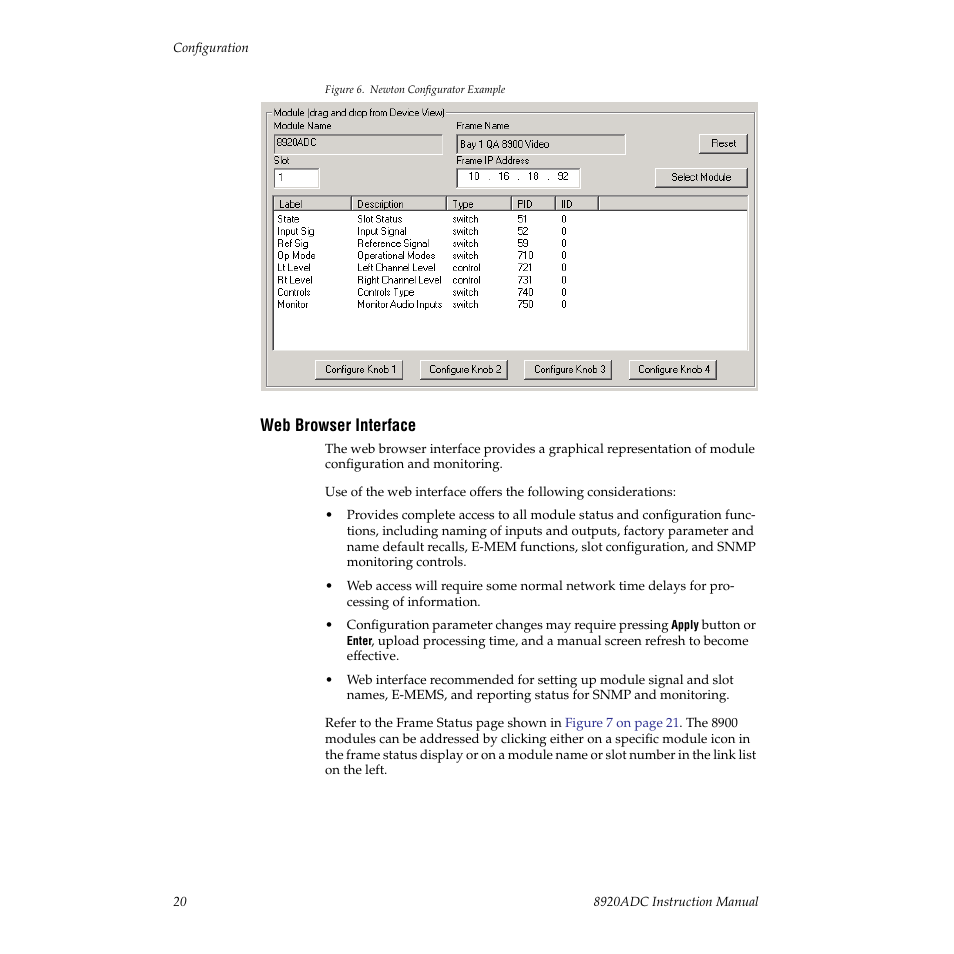Web browser interface | Grass Valley 8920ADC v.2.0.1A User Manual | Page 20 / 40
