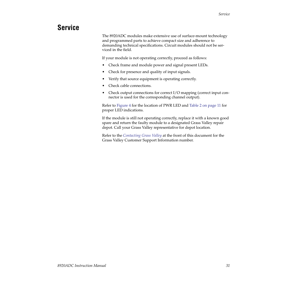 Service | Grass Valley 8920ADC v.2.0.1A User Manual | Page 31 / 40