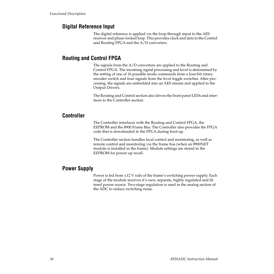 Digital reference input, Routing and control fpga, Controller | Power supply | Grass Valley 8920ADC v.2.0.1A User Manual | Page 36 / 40