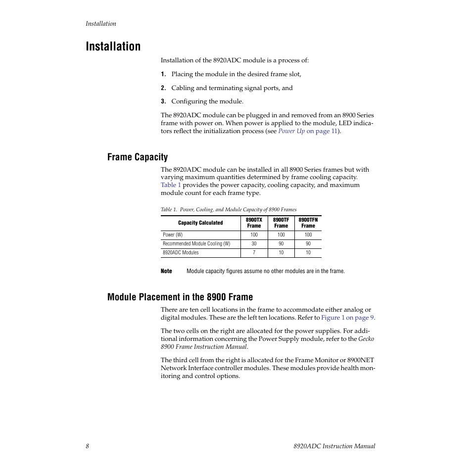 Installation, Frame capacity, Module placement in the 8900 frame | Grass Valley 8920ADC v.2.0.1A User Manual | Page 8 / 40