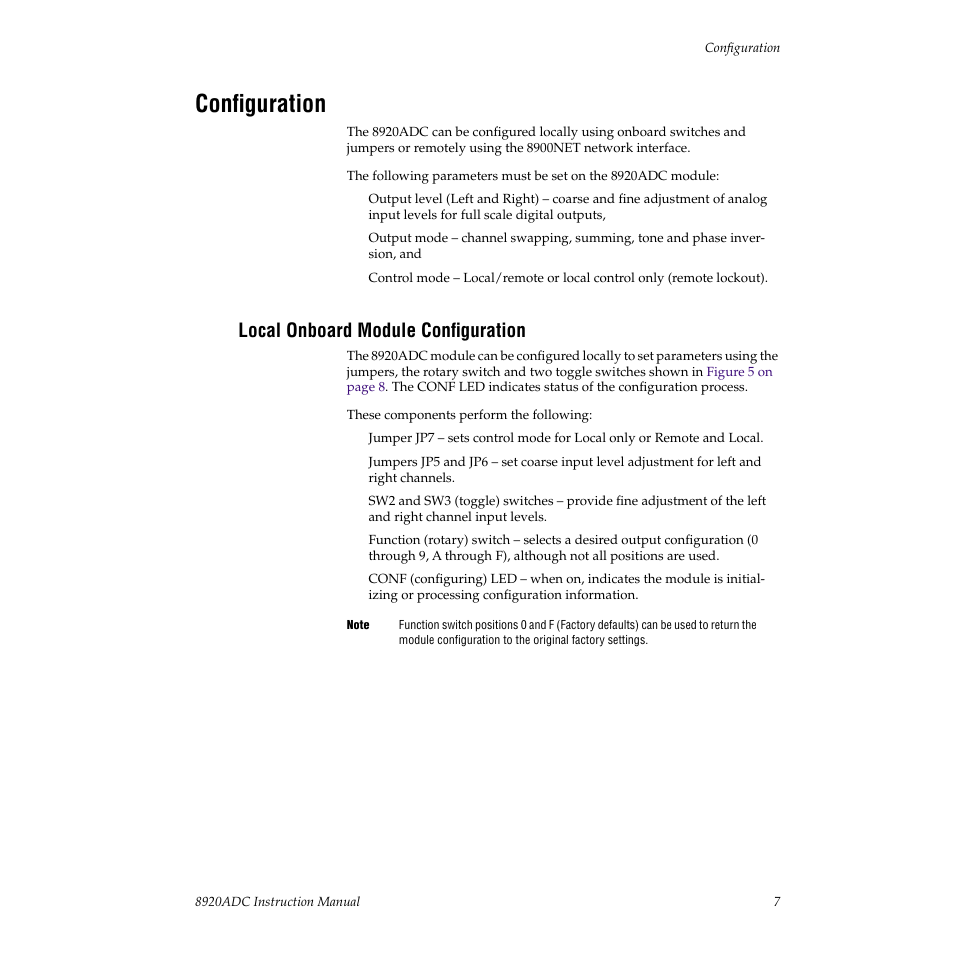 Configuration, Local onboard module configuration | Grass Valley 8920ADC v.2.0 User Manual | Page 13 / 28