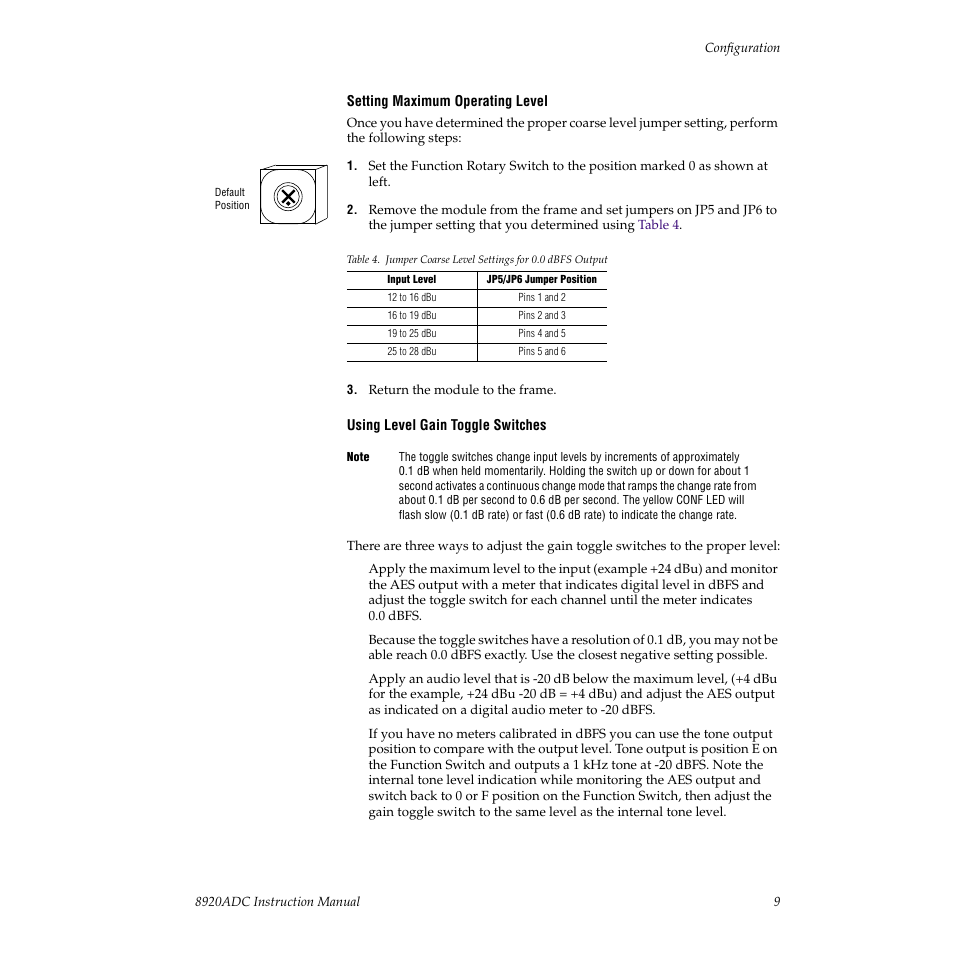 To select the lowest input level range that | Grass Valley 8920ADC v.2.0 User Manual | Page 15 / 28