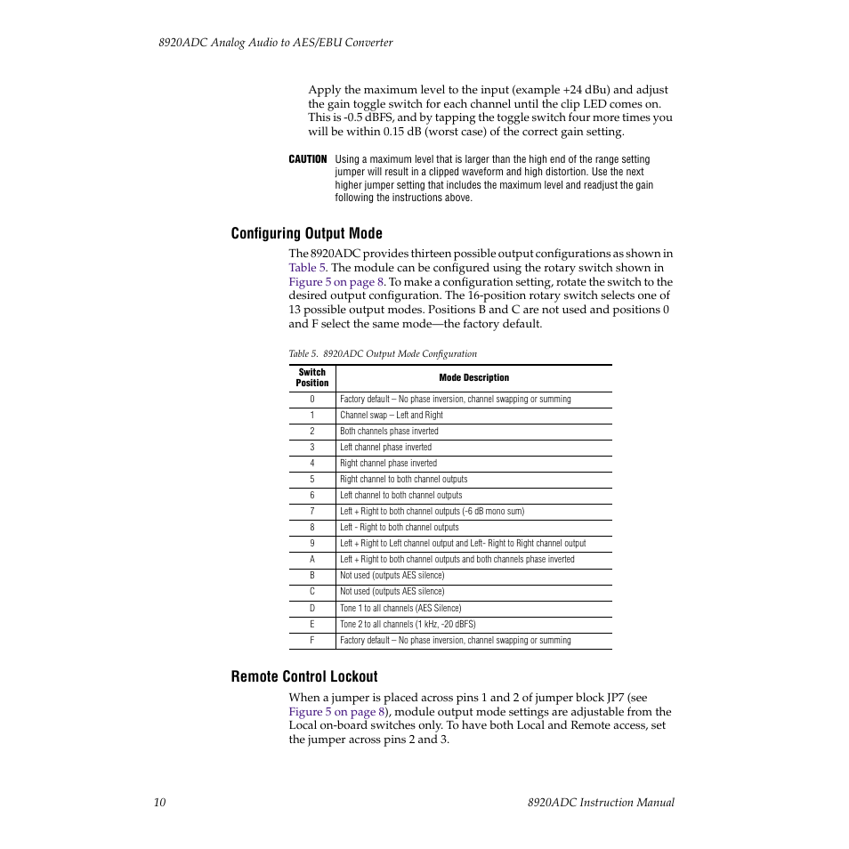 Configuring output mode, Remote control lockout | Grass Valley 8920ADC v.2.0 User Manual | Page 16 / 28