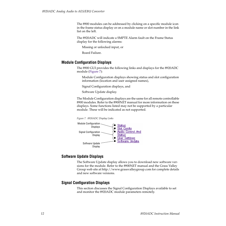 Module configuration displays, Software update displays, Signal configuration displays | Grass Valley 8920ADC v.2.0 User Manual | Page 18 / 28
