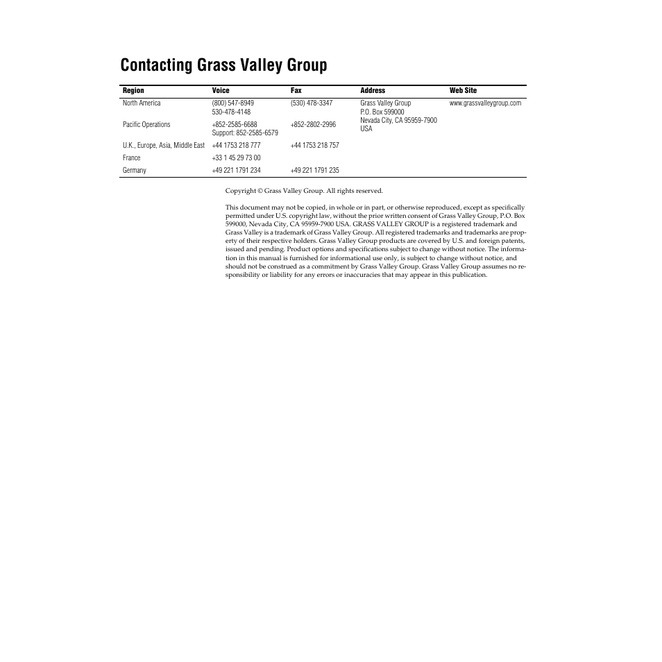 Contacting grass valley group | Grass Valley 8920ADC v.2.0 User Manual | Page 2 / 28