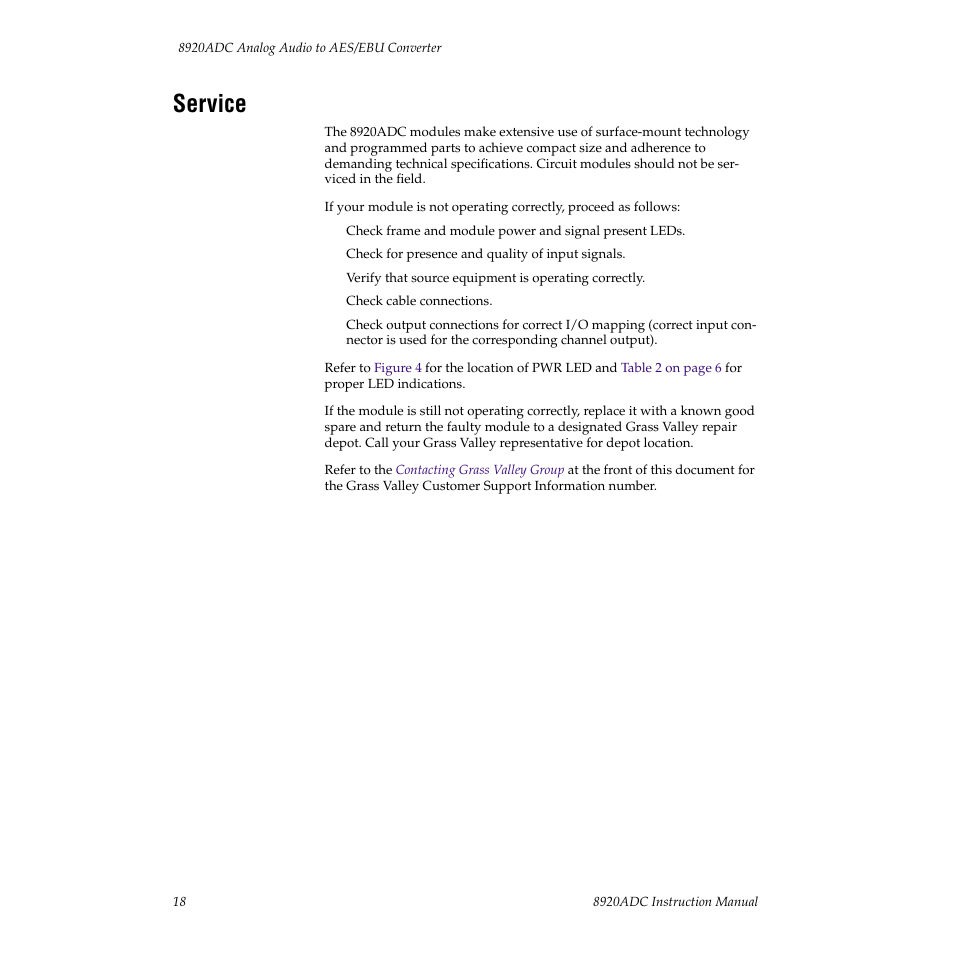 Service | Grass Valley 8920ADC v.2.0 User Manual | Page 24 / 28