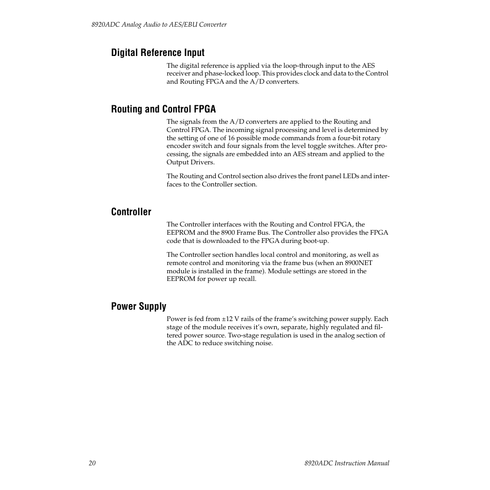 Digital reference input, Routing and control fpga, Controller | Power supply | Grass Valley 8920ADC v.2.0 User Manual | Page 26 / 28
