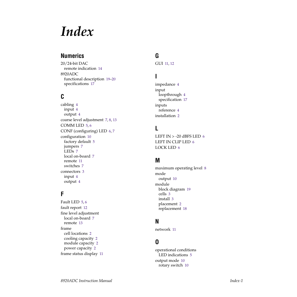 Index, Numerics | Grass Valley 8920ADC v.2.0 User Manual | Page 27 / 28