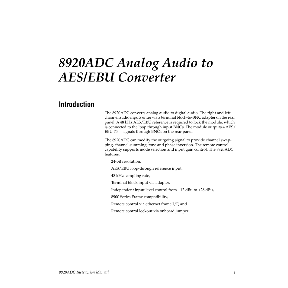 8920adc analog audio to aes/ebu converter, Introduction | Grass Valley 8920ADC v.2.0 User Manual | Page 7 / 28