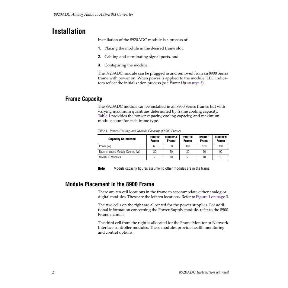 Installation, Frame capacity, Module placement in the 8900 frame | Grass Valley 8920ADC v.2.0 User Manual | Page 8 / 28