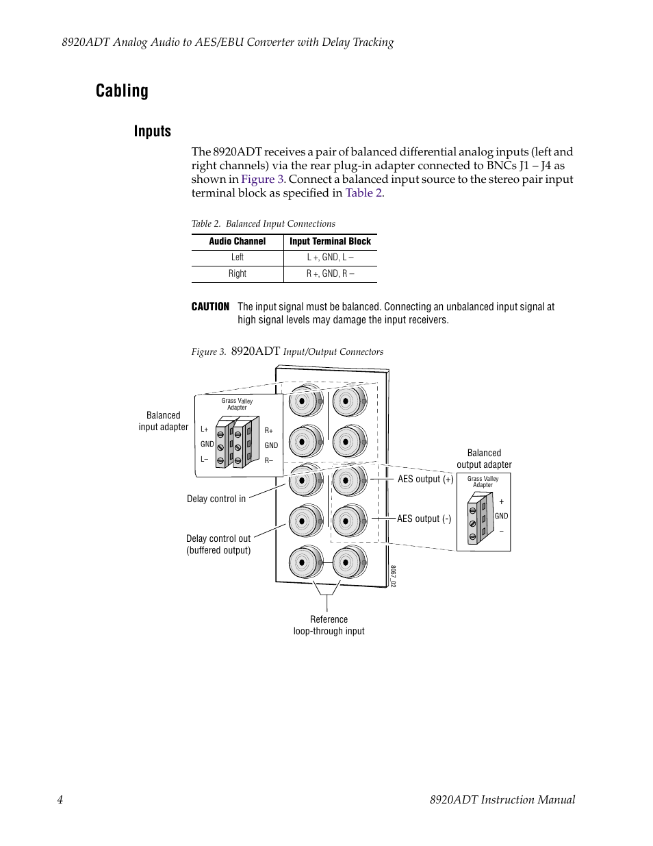 Cabling, Inputs | Grass Valley 8920ADT User Manual | Page 10 / 36